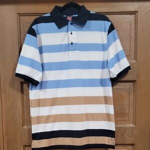 Polo with Blue, White, and Brown Stripes